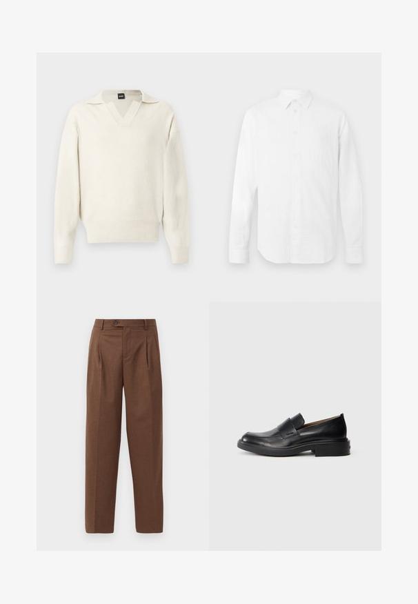 Hvid strikket sweater med V-hals og kort krave, der har en løs pasform, ribstrikkede manchetter og kant for ekstra tekstur og detalje.; Hvid langærmet skjorte lavet af tekstureret stof, med klassisk krave, knaplukning foran og lige kant, i en afslappet pasform.; Brune skræddersyede bukser med lige pasform, synlige folder, forlommer og en enkelt knaplukning i taljen. Glat tekstur.; Sorte læder slip-on dress sko med lav hæl og subtil Calvin Klein logo på siden, vist i profil på en hvid baggrund.
