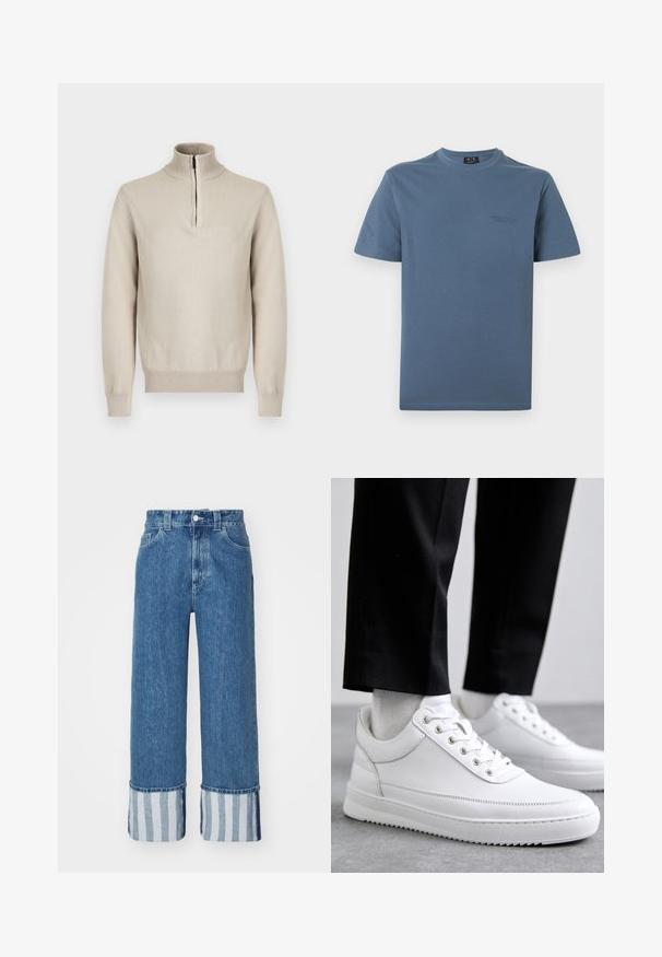 Beige pitkähiha neulepusero, jossa on puolivetoketjulla varustettu ribbineulottu korkea kaulus sekä ribbineulotut hihansuut ja helma.; Sininen, pyöreäkauluksinen, lyhythihainen T-paita, jossa on hienovarainen Armani Exchange -logo vasemmassa rinnassa valkoista taustaa vasten.; Farkut, joissa on leveä lahje, keskipitkän siniset, ja joissa on sinivalkoiset pystysuorat raidat lahkeiden ympäri. Klassinen viiden taskun malli, jossa nappisulku.; Valkoiset nahkakengät, joissa on litteä kumipohja, sileä pinta, pyöreä kärki ja metalliset nauha-aukot. Yhdistetty mustiin housuihin.