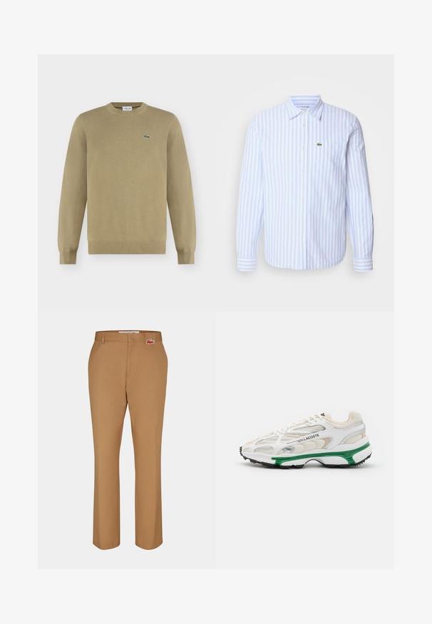 Beige trui met lange mouwen en ronde hals, met geribde manchetten en zoom, met een klein groen geborduurd krokodillogo op de linkerborst.; Lichtblauwe en witte gestreepte blouse met lange mouwen, een knoopsluiting kraag en een borstzak met een klein geborduurd logo. Katoenen stof.; Bruine broek van een gladde stof. Rechtdoorgeschoten ontwerp met een voorzak en een klein rood Lacoste logo op de tailleband.; Witte sneaker met groene accenten en zwarte rubberen zool. Bevat mesh en synthetische panelen, met een textuurafwerking en zichtbare stiksels.