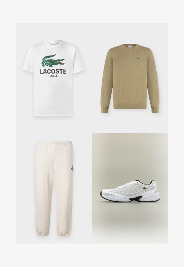 Beige langærmet crewneck-trøje med ribkanter ved ærmer og kant, med en lille grøn broderet krokodillelogo på venstre bryst.; Lacoste T-shirts print - white; Lys beige sweatpants lavet af bomuld, med elastisk talje, ribbede mansjetter og et grønt logo med bladdesign på venstre ben.; Hvide atletiske sko med tekstureret mesh-overdel, buet design og kontrasterende sort ydersål. Har en grøn broderet logo på siden.