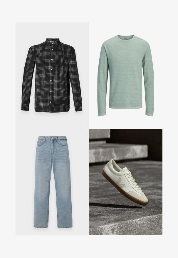 Pull à manches longues vert clair texturé avec un col rond et une petite étiquette de marque à l'intérieur du col.; Chemise à carreaux noir et blanc à boutons. Manches longues, col et fermeture à cinq boutons à l'avant. Tissu doux avec une texture lisse et coupe régulière.; Jean en denim bleu clair à taille haute, coupe droite, avec cinq poches et un léger délavage pour un effet usé.; Baskets en cuir blanc avec semelle en caoutchouc beige, lacets plats et accent en forme de V sur le côté. Présentent une surface lisse et peu de détails de couture.