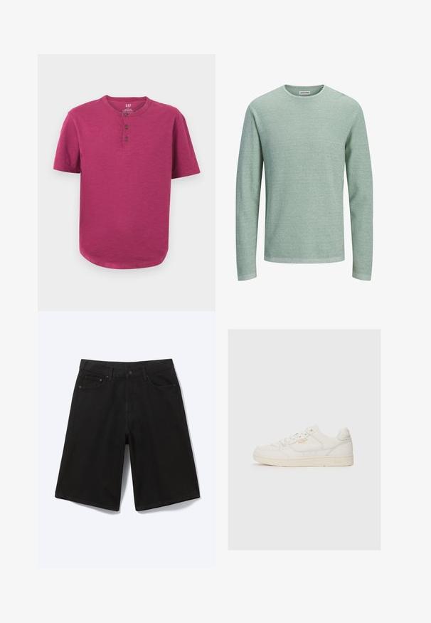 Pull à manches longues vert clair texturé avec un col rond et une petite étiquette de marque à l'intérieur du col.; T-shirt henley à manches courtes dans une couleur magenta vive. Présente un col rond, une patte de boutonnage à trois boutons et un ourlet légèrement incurvé. Texture douce.; Short en jean noir longueur genou avec bouton à l'avant, passants de ceinture et cinq poches, présenté sur fond blanc.; Sneaker en cuir blanc avec une texture lisse, comportant des accents perforés, un laçage à l'avant, et un logo subtil en doré près du côté.