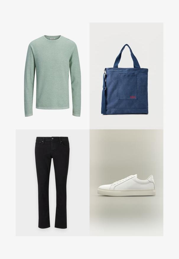 Lysegrøn textureret langærmet sweater med rund halsudskæring og et lille mærke med brandnavn indeni kraven.; Sorte denimjeans med lige snit, fem-lomme design, metalknaplukning og minimal syning. Glat tekstur hele vejen igennem.; Hvid lavtop sneaker med snørebånd foran og tyk sål, vist fra siden mod en neutral baggrund.; Blå lærredstote taske med frontlomme og rød "O.N.S" broderi, med to håndtag og en justerbar skulderrem.