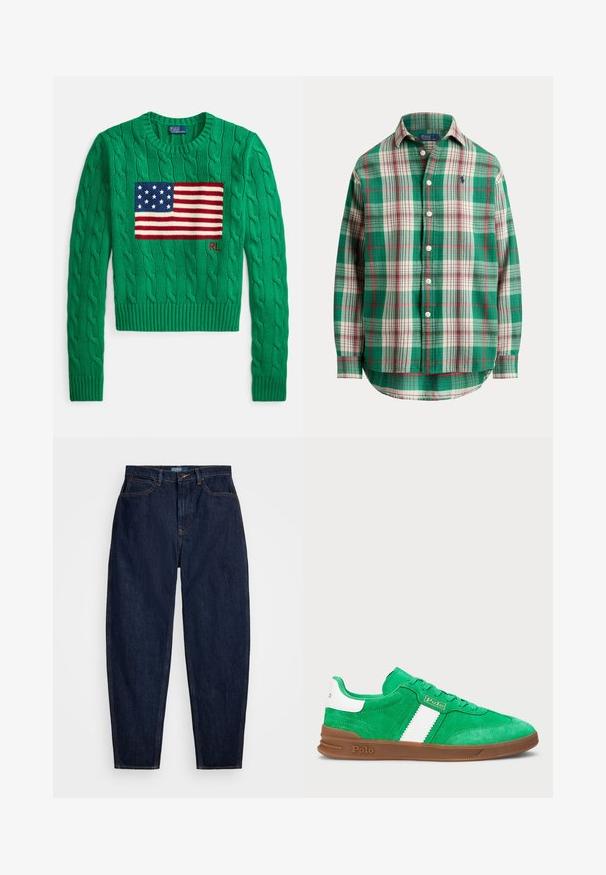 Pull vert en torsades avec un motif central du drapeau américain aux rayures bleues et rouges, et "RL" brodé en rouge.; Chemise à carreaux verte, blanche et rouge à manches longues, boutonnée, avec col et petit logo bleu brodé sur la poitrine.; Jeans en denim bleu marine avec une coupe droite, dotés de surpiqûres orange, d'une fermeture à bouton à l'avant et de cinq poches.; Baskets en suede vert avec une bande horizontale blanche, une semelle en caoutchouc brun et des lacets ton sur ton. Marquage sur le côté et à l'arrière.
