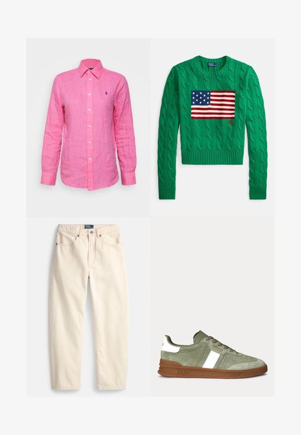 Grøn kabelstrikket sweater med centralt design af det amerikanske flag med blå og røde striber og "RL" broderet i rødt.; Langærmet, krave skjorte i lys pink linned, med et lille blåt logo på venstre bryst og hvide knapper ned foran.; Jeans i cremefarve lavet af denim med lige ben, forlommer og detaljer med overlock-syning. Lukning med metalknap og lynlås.; Olivengrøn ruskindssneaker med hvid side stribe, brun gummisål, snørebånd og Polo-logo på siden og hælkappen.