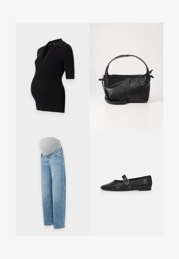 Sort ribbet graviddress med kort polo krave og korte ærmer, designet til at rumme en voksende mave.; Graviditetsjeans med en lys blå vask, afslappet pasform og grå elastisk mavebånd for komfort og fleksibilitet under graviditeten.; Sorte læder flade sko med rund tå, et enkelt justerbart spænde og en glat, blank overflade. Minimalistisk design med en lav hæl.; Sort læderhåndtaske med et struktureret design, rund tophåndtag og aftagelig skulderrem. Den har en glat tekstur og en subtil glans.