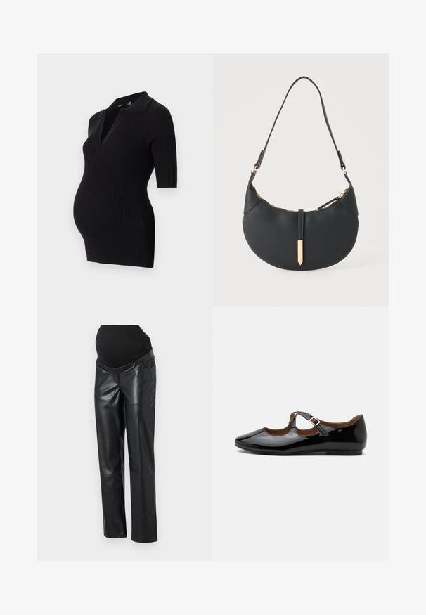 Robe de maternité noire côtelée avec un col polo court et des manches courtes, conçue pour accueillir un ventre en croissance.; Pantalons de maternité en simili cuir noir avec une ceinture élastique noire, présentant une coupe ajustée et une couleur unie neutre.; Chaussure plate Mary Jane en cuir verni noir avec deux découpes et une bride à boucle dorée sur fond blanc.; Sac à main noir en forme de croissant avec une bandoulière unique, une fermeture éclair dorée et une languette décorative rectangulaire dorée à l'avant.