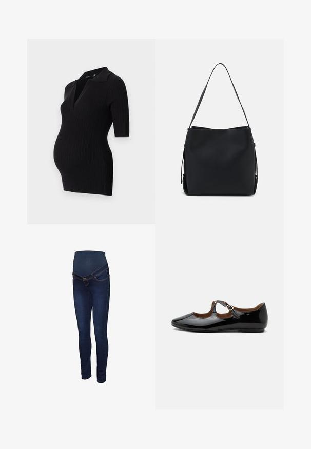 Sort ribbet graviddress med kort polo krave og korte ærmer, designet til at rumme en voksende mave.; Mørkeblå graviditetsjeans med et strækbart panel ved taljen, slank pasform og klassisk fem-lomme design med kontrastsyninger.; Sort laklæder Mary Jane-flad sko med to udskæringer og en guldbuckelrem på hvid baggrund.; Pieces PCBONY - Håndtasker - black