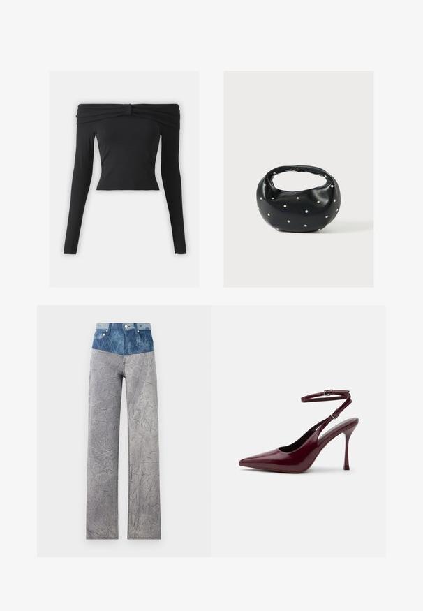 Μαύρη, off-shoulder μπλούζα με μακριά μανίκια και λεπτομέρεια σε κόμπο. Κολλητή εφαρμογή, κατασκευασμένη από λείο ύφασμα με κοντή σιλουέτα. Απλός και μονόχρωμος σχεδιασμός.; Τζιν παντελόνι με φωτεινό μπλε φαρδύ ζωνάρι που μεταβαίνει σε τσαλακωμένο γκρι σώμα. Διαθέτει κανονικές τσέπες και κουμπώματα.; Γυαλιστερό μπορντό γυναικείο ψηλοτάκουνο παπούτσι με μυτερή μύτη, λουράκι στον αστράγαλο και αγκράφα, λεπτό τακούνι στιλέτο, πλάγια όψη σε απλό φόντο.; Μαύρη δερμάτινη τσάντα χειρός με στρογγυλεμένο σχήμα, διακοσμημένη με ασημένιες λεπτομέρειες με καρφιά και κοντή λαβή. Λείο υλικό και κλείσιμο με φερμουάρ.
