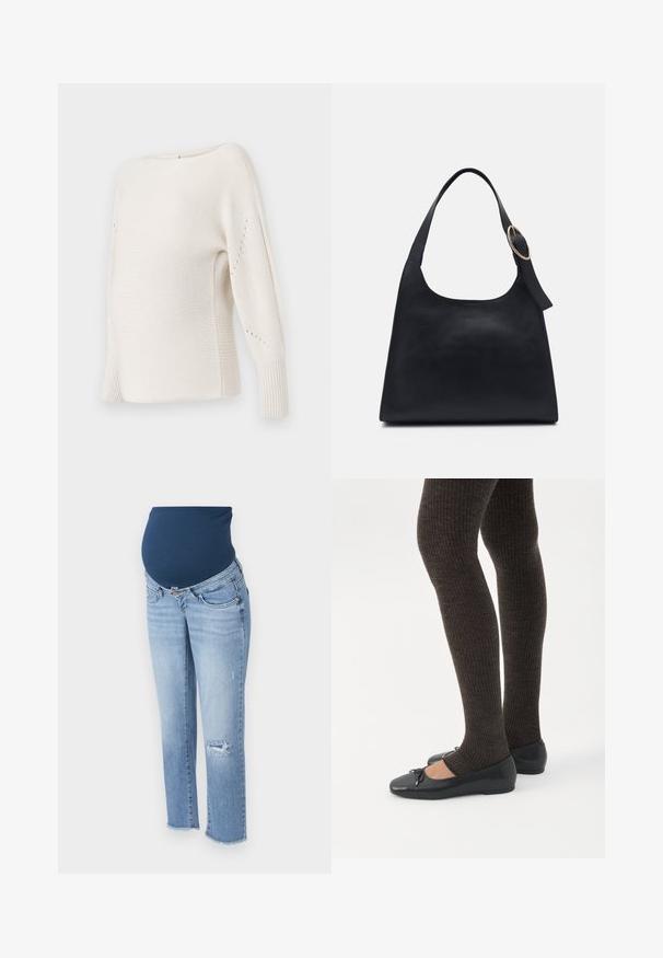 ONLY MATERNITY OLMNICOYA BOAT NECK - Svetrík - pumice stone; Tehotenské džínsy s tmavomodrým elastickým pásom, svetlomodrý denim, úzky strih, poškodenie na kolene a rozstrapkaný lem.; Nohy v tmavých pásikavých legínach v kombinácii s čiernymi balerínkami s malými mašličkami na bielom pozadí.; Čierna kožená taška cez rameno s hladkou textúrou, okrúhlym telom a jedným ramenným popruhom zdobeným okrúhlou zlatou kovovou dekoráciou.