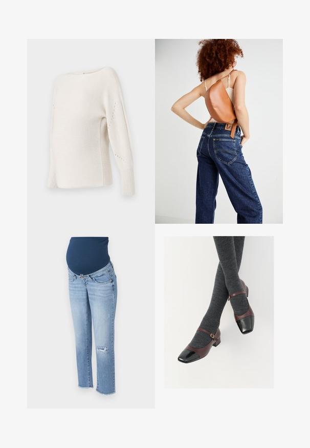 ONLY MATERNITY OLMNICOYA BOAT NECK - Svetrík - pumice stone; Tehotenské džínsy s tmavomodrým elastickým pásom, svetlomodrý denim, úzky strih, poškodenie na kolene a rozstrapkaný lem.; Bordové kožené Mary Jane topánky s čiernou lakovanou špicou a tenkým remienkom okolo členku; nosené s tmavosivými rebrovanými ponožkami. Nízky blokový podpätok.; Hnedý kožený batoh s jedinečným zakriveným dizajnom. Nosený diagonálne, v kombinácii s džínsami s vysokým pásom v modrej farbe a žltým šitím.