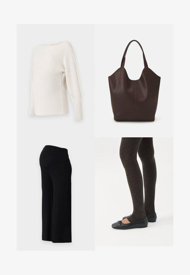 ONLY MATERNITY OLMNICOYA BOAT NECK - Trui - pumice stone; Zwarte ribbel wijde broek met een hoge taille. De stof is soepel en elastisch, wat zorgt voor een relaxte pasvorm door de benen.; Benen met donkere geribbelde leggings gecombineerd met zwarte ballerina's met kleine strikdetails op een witte achtergrond.; Bruine leren schoudertas met een gladde textuur, met een unieke vorm, brede opening en twee korte handvatten om te dragen.
