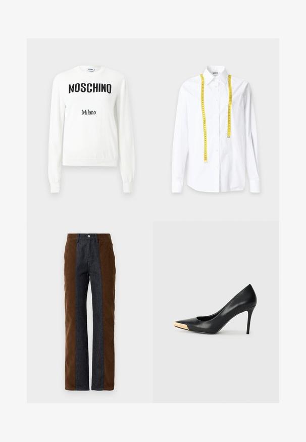 Biely sveter s dlhými rukávmi s čiernym nápisom "MOSCHINO" na hrudi a menším nápisom "Milano" pod ním, dizajn s okrúhlym výstrihom.; Biela košeľa na gombíky s dlhými rukávmi a žltou krajčírskou meterou prehodenou okolo goliera na jednofarebnom pozadí.; Kárované nohavice a džínsy so vertikálnymi panelmi v tmavohnedej a námorníckej modrej farbe, so štandardným rovný strihom a päť vreckovým dizajnom.; Čierny kožený lodičkový topánok na vysokom opätku s špicatou špičkou; zdobený kovovým zlatým akcentom na špičke. Hladký povrch s elegantným dizajnom.