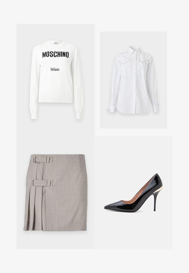 Weißer Pullover mit langen Ärmeln, schwarzer "MOSCHINO"-Schriftzug quer über der Brust und kleinerem "Milano"-Schriftzug darunter, Rundhalsausschnitt.; Weißes, langärmliges Hemd mit Kragen und zwei Brusttaschen, jeweils mit einer dekorativen Schleife nahe dem oberen Rand.; Grauer Rock aus strukturiertem Stoff, mit seitlichen Falten und zwei Schnallenakzenten für eine individuell anpassbare Passform. Klassische gerade Form, knielanges Design.; Schwarzer Pumps aus Lackleder mit spitzer Schuhspitze, schlankem Stilettabsatz und goldenem Akzent nahe der Fersenkappe.