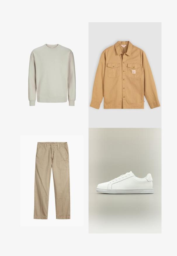 Svetlošedý sweatshirtný s mäkkou textúrou, s okrúhlym výstrihom, dlhými rukávmi a rebrovanými manžetami a lemom pre pohodlné nosenie.; Hnedá košeľa s dlhým rukávom, dvoma prednými vreckami a malou etiketou. Vyrobená z bavlny s hladkou textúrou a klasickým dizajnom goliera.; Béžové chinos nohavice rovného strihu s pútkami na opasok, predným gombíkom a zipsom, a šikmými prednými vreckami.; Nízke biele tenisky so šnurovaním vpredu a textúrovanou gumovou podrážkou na jednoduchom neutrálnom pozadí.