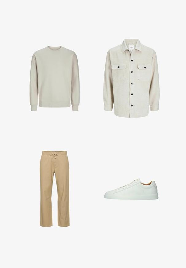 Lys grå sweatshirt lavet af blødt stof, med rund hals, lange ærmer og ribbestrikkede manchetter og kant for en behagelig pasform.; Beige flannel skjorte med krave, der har to brystlommer, sorte knapper og lange ærmer med knapmanchetter.; Beige bomuldsbukser med afslappet pasform, elastik i taljen og snøre. Har sidelommer og lige ben. Ingen synlige mønstre.; Lavtop hvid læder sneaker med hvide snørebånd, diskrete syninger og en flad gummisål, vist fra siden på en hvid baggrund.