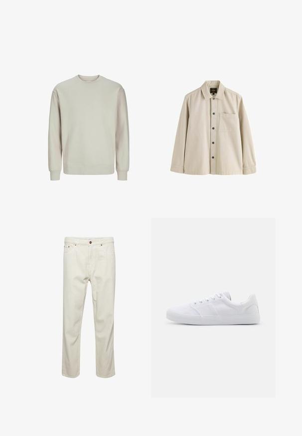 Sudadera gris claro hecha de tejido suave, con cuello redondo, mangas largas y puños y dobladillo acanalados para un ajuste cómodo.; Camisa beige de manga larga con botones, cuello y un bolsillo en el pecho, hecha de una tela resistente.; Pantalones de algodón beige con corte recto, cinco bolsillos, cierre de botón y detalles de costura sutiles. Textura uniforme sin patrones visibles.; Zapatillas de lona blancas con suela de goma, que cuentan con seis ojales, una puntera texturizada y un diseño minimalista.