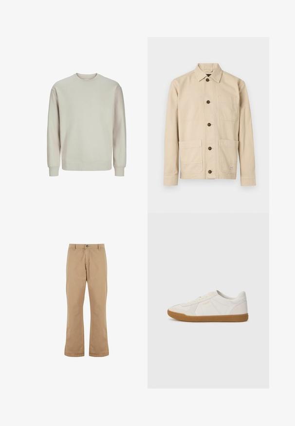 Sudadera gris claro hecha de tejido suave, con cuello redondo, mangas largas y puños y dobladillo acanalados para un ajuste cómodo.; Chaqueta de trabajo color beige claro, tela de algodón, cierre frontal con botones, cuello puntiagudo, dos bolsillos en el pecho, dos bolsillos inferiores, botones marrones, detalles cosidos.; Pantalones de algodón beige con un corte recto, que cuentan con un cierre de botón, bolsillos frontales y una textura suave.; Zapatilla blanca hecha de cuero suave con suela de goma, con costuras sencillas y un pequeño logo dorado en el lado.