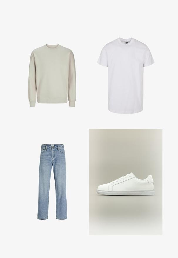 Lys grå sweatshirt lavet af blødt stof, med rund hals, lange ærmer og ribbestrikkede manchetter og kant for en behagelig pasform.; Hvid bomulds T-shirt med korte ærmer, rund halsudskæring og lige kant. Glat tekstur, ingen mønstre eller grafikker, mærket 'Urban Classic.'; Lyseblå denimjeans med lige ben, høj talje, fem-lommers design og subtilt slid, med metalknaplukning.; Lavtop hvid sneaker med snørelukning foran og tekstureret gummisål mod en ensartet neutral baggrund.