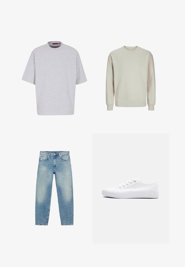 Lys grå sweatshirt lavet af blødt stof, med rund hals, lange ærmer og ribbestrikkede manchetter og kant for en behagelig pasform.; Lys grå oversized t-shirt, korte ærmer, rund halsudskæring, lavet af blødt stof, har en lige kant uden mønstre eller dekorationer.; Blå straight-leg denim jeans med forlommer og bæltestropper, der viser let falmede detaljer på lår og knæ.; Lavtop hvid lærredsneaker med hvide snørebånd, gummisål og metaløjer, vist fra ydersiden på en ensfarvet baggrund.