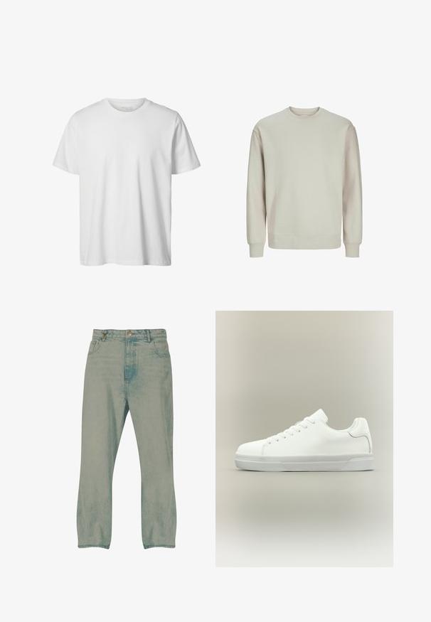 Svetlošedý sweatshirtný s mäkkou textúrou, s okrúhlym výstrihom, dlhými rukávmi a rebrovanými manžetami a lemom pre pohodlné nosenie.; Jednoduché biele tričko s krátkym rukávom a okrúhlym výstrihom, voľného strihu, bez viditeľných log alebo vzorov na prednej strane.; Svetlomodré rifle s rovnými nohavicami, predným zapínaním na gombíky, pútkami na opasok a prednými vreckami, zobrazené na bielom pozadí.; Biela nízka teniska s predným zaväzovaním na šnúrky, polstrovaným golierom a textúrovanou gumovou podrážkou, zobrazená v bočnom profile na neutrálnom pozadí.