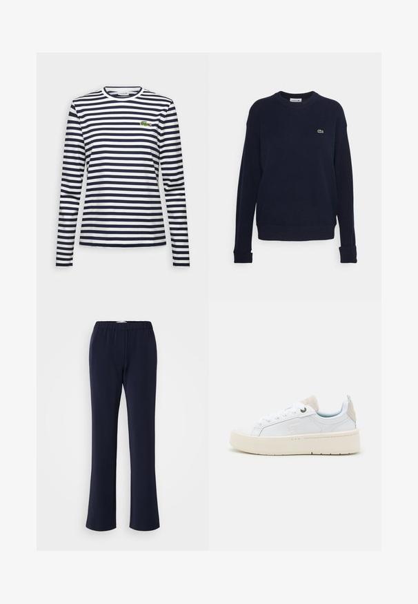 Navyblauwe crewneck sweatshirt van zacht materiaal met een klein groen krokodillenlogo op de borst en geribbelde boorden en zoom.; Langsleeve T-shirt met marineblauwe en witte horizontale strepen, ronde halslijn en geborduurd groen krokodillenlogo op de borst.; Marineblauwe, rechte broek van rekbare stof met elastische tailleband en twee voorzakken. Soepele textuur, zonder zichtbare patronen.; Witte sneakers met een glad leren bovenwerk, een crèmekleurige platformzool en een lichtgrijze suède hielstuk. Voorzien van een groene veteroog en gebrandmerkte accenten.