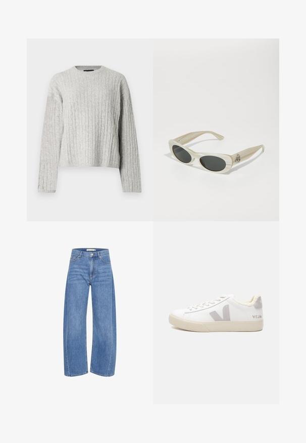 Grijze gebreide trui met kabelpatroon, geribde ronde hals en lange mouwen. De textuur is zacht met verschillende tinten grijs.; Lichtblauwe denim wijde broek met hoge taille, voorzien van een knoop en ritssluiting, vijf zakken en subtiele vervagingsdetails.; Witte leren sneaker met grijze suède accenten, ronde neus, vetersluiting aan de voorkant en een gestructureerde rubberen zool. Fleece voering bij de kraag, "VEJA" branding.; Zonnebrillen met ovale, donkere lenzen; lichtgewicht, gestructureerd crème frame; met zilveren logo accent aan de zijkant; slank, modern design.