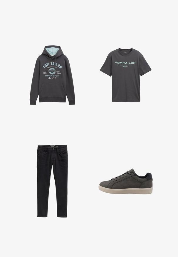 Capuchontrui in donkergrijze katoenmix met blauwe binnenkant. Kenmerken zijn een voorzak en blauwe bedrukte branding. Relaxte pasvorm, ribgebreide manchetten.; Donkergrijze katoenen t-shirt met korte mouwen, ronde halslijn en tealkleurige opdruk met de tekst "TOM TAILOR" en "THE CASUAL DEPARTMENT."; Slim-fit zwarte denim jeans met een zachte textuur, voorzakken en een ritssluiting. Versleten details nabij de dijen verbeteren het ontwerp.; Donkergrijze lage sneaker met veters aan de voorkant, lichtbeige zool en gevoerde zwarte kraag op een witte achtergrond.