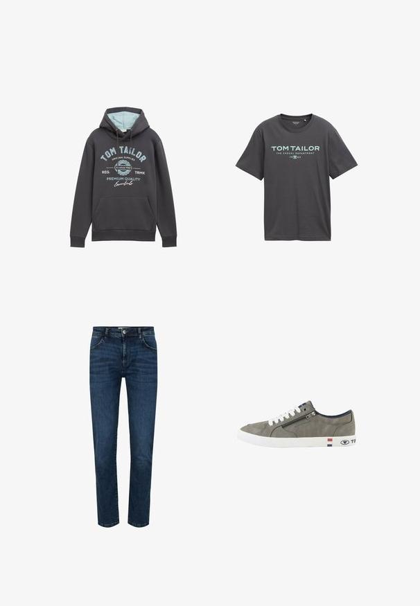 Hættetrøje i mørkegrå bomuldsblanding med blå inderside. Har en frontlomme og blå trykt branding. Løs pasform, ribbede manchetter.; Mørkegrå bomulds t-shirt med korte ærmer, rund halsudskæring og teal trykt tekst, der inkluderer "TOM TAILOR" og "THE CASUAL DEPARTMENT."; Mørkeblå denimjeans med lige pasform, design med fem lommer og knaplukning. Forstærket syning langs sømmene og en let falmende effekt.; Grå lavtop-sneaker med hvide snørebånd, sidelås og hvid sål med røde, hvide og blå striber samt Tom Tailor-branding.