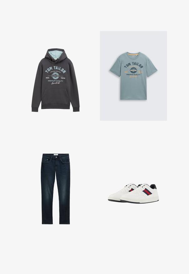 Hættetrøje i mørkegrå bomuldsblanding med blå inderside. Har en frontlomme og blå trykt branding. Løs pasform, ribbede manchetter.; Lys blå bomulds t-shirt med korte ærmer. Udstyret med mørkeblå og orange grafisk tekst: "TOM TAILOR" og "PREMIUM KVALITET." Enkel rund halsudskæring.; Mørkeblå denim jeans med slim fit, der har fem lommer, knaplukning og diskret falmning foran for tekstur.; TOM TAILOR Sneakers - white navy