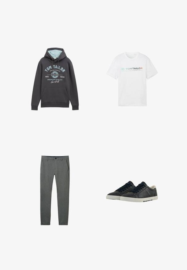 Sudadera con capucha en mezcla de algodón gris oscuro con interior azul. Presenta un bolsillo frontal y una marca impresa en azul. Corte relajado, puños acanalados.; Camiseta de algodón blanca con cuello redondo, mangas cortas y estampado frontal: "TOM TAILOR" con "ESENCIALES DESDE MIL NOVECIENTOS SESENTA Y DOS."; Pantalones grises de tejido texturizado, con un corte ajustado, bolsillos laterales, passadores para cinturón y un cierre de botón único en la cintura.; Zapatillas de deporte de cuero marino con suelas de goma blanca, punta redonda y cordones negros. Texturas sutiles y marcas en los laterales. Diseño casual.