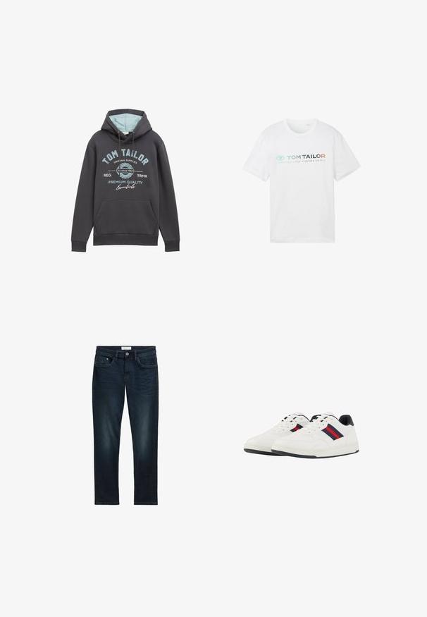 Capuchontrui in donkergrijze katoenmix met blauwe binnenkant. Kenmerken zijn een voorzak en blauwe bedrukte branding. Relaxte pasvorm, ribgebreide manchetten.; Witte katoenen t-shirt met een ronde hals, korte mouwen en een voorpandprint: "TOM TAILOR" met "ESSENTIALS SINCE NINETEEN SIXTY-2."; Donkerblauwe spijkerbroek met een slim fit, met vijf zakken, een knoopsluiting en subtiele vervaging aan de voorkant voor textuur.; TOM TAILOR Sneakers laag - white navy