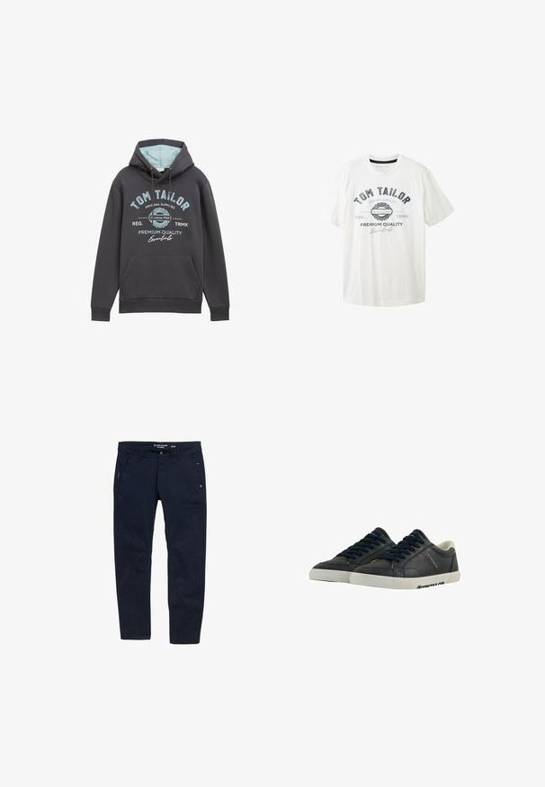 Hættetrøje i mørkegrå bomuldsblanding med blå inderside. Har en frontlomme og blå trykt branding. Løs pasform, ribbede manchetter.; Hvid bomulds t-shirt med rund hals, korte ærmer og trykt grafisk motiv i sort og blå med mærkenavnet "Tom Tailor."; Mørkeblå bukser lavet af bomuld med lige snit. Har to sidelommer og knaplukning. Minimalistisk design med subtile detaljer.; Marine læder sneakers med hvide gummisåler, rund tå og sorte snørebånd. Subtile teksturer og branding på siderne. Casual design.