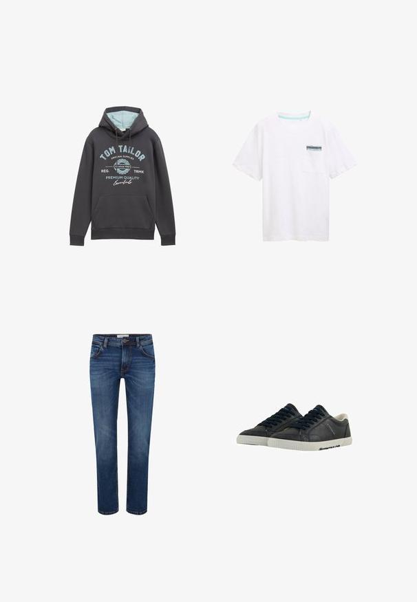 Hættetrøje i mørkegrå bomuldsblanding med blå inderside. Har en frontlomme og blå trykt branding. Løs pasform, ribbede manchetter.; Hvid bomulds t-shirt med korte ærmer, med en lomme med en blå og hvid label. Glat tekstur og afslappet pasform.; Mørkeblå denim jeans med lige ben, fem lomme-design og kontraststing. Standard talje med knaplukning.; Marine læder sneakers med hvide gummisåler, rund tå og sorte snørebånd. Subtile teksturer og branding på siderne. Casual design.