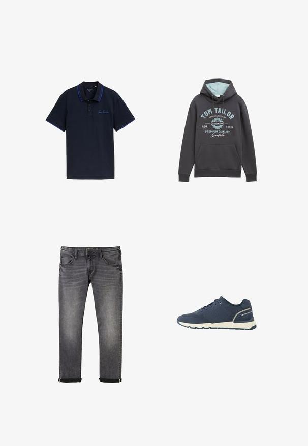 Sudadera con capucha en mezcla de algodón gris oscuro con interior azul. Presenta un bolsillo frontal y una marca impresa en azul. Corte relajado, puños acanalados.; Camisa polo azul marino con un cuello de dos botones, acentos en el cuello y las mangas de color azul contrastante, y logo bordado de "Tom Tailor" en el pecho.; Jeans de mezclilla gris con un diseño de pierna recta, que cuentan con un clásico estilo de cinco bolsillos, puños enrollados y un sutil desgastado en la tela.; Zapatilla deportiva azul marino con parte superior de malla, suela blanca, suela exterior negra y logo "Tom Tailor" en el contrafuerte del talón.