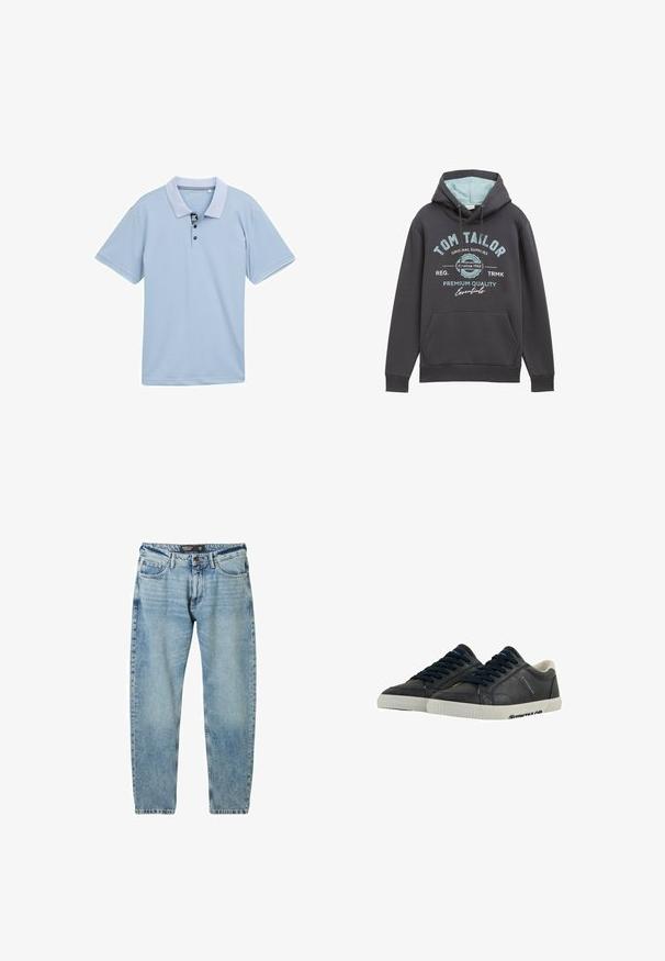 Sudadera con capucha en mezcla de algodón gris oscuro con interior azul. Presenta un bolsillo frontal y una marca impresa en azul. Corte relajado, puños acanalados.; Polo de color azul claro con cuello bicolor, tapeta de tres botones y mangas cortas. Fabricado con un tejido suave y transpirable.; Vaqueros de denim azul claro con un corte holgado, diseño de cinco bolsillos y costuras en contraste. Cuenta con un cierre de botón y un corte recto.; Zapatillas de deporte de cuero marino con suelas de goma blanca, punta redonda y cordones negros. Texturas sutiles y marcas en los laterales. Diseño casual.
