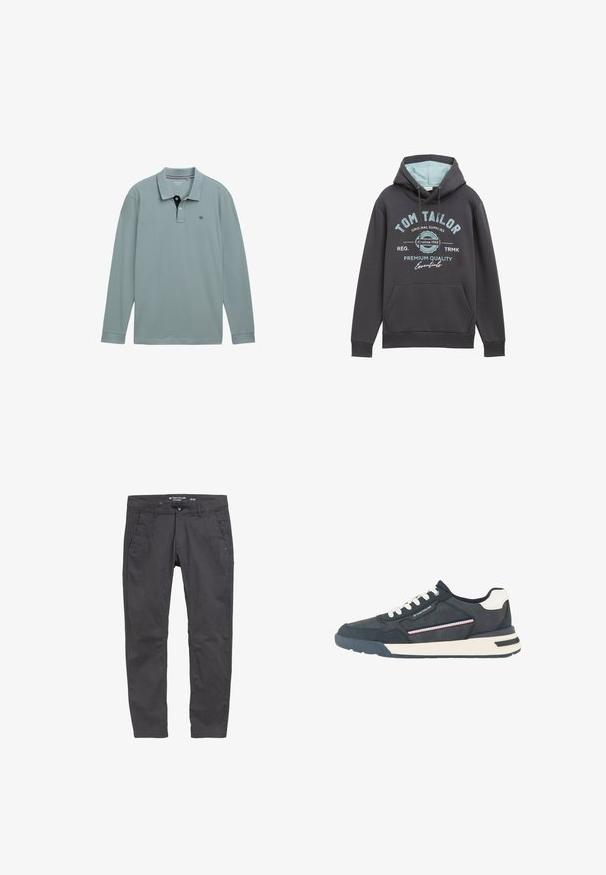 Capuchontrui in donkergrijze katoenmix met blauwe binnenkant. Kenmerken zijn een voorzak en blauwe bedrukte branding. Relaxte pasvorm, ribgebreide manchetten.; Lange mouwen polo shirt in lichtblauw met een contrasterende marinekleurige kraag. Katoenen materiaal, met een klein logo op de linkerborst. Klassieke pasvorm.; Grijze katoenen broeken met een rechte snit, vo pockets en een knoopsluiting. Bevat subtiele branding en een soepele textuur.; Heren sneaker in marineblauw en wit met witte veters, geperforeerde neus, gestreept zijdetail en merkaccent op het zijpaneel.