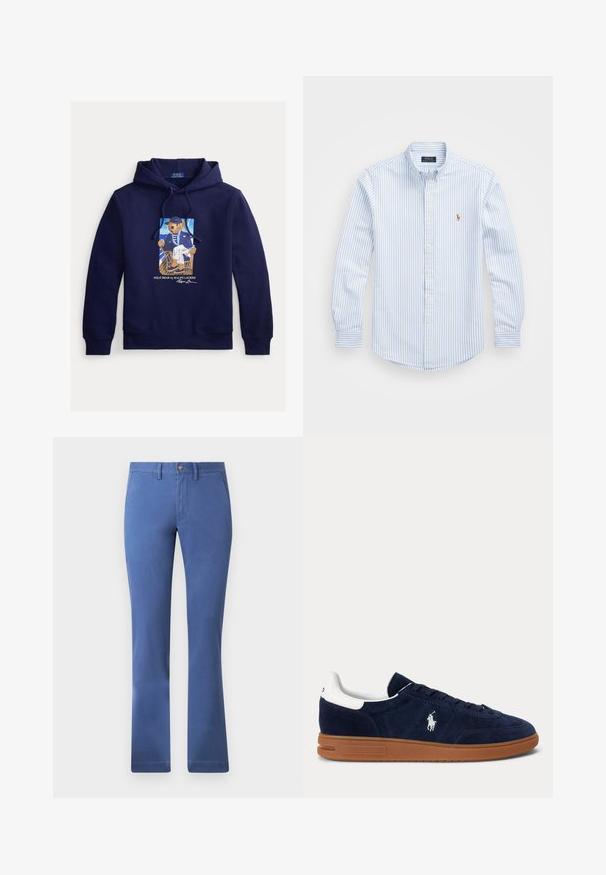Tmavomodrá mikina s kapucňou a sťahovacou šnúrkou, s grafikou medveďa v námorníckom oblečení sediaceho na stoličke s textom „Polo Bear by Ralph Lauren“ pod ním.; Svetlomodrá a biela pruhovaná košeľa na gombíky s golierom, dlhými rukávmi a malým vyšívaným logom na hrudi. Materiál: bavlna.; Modré nohavice z bavlnenej zmesi so strihom rovného nohavice, zapínaním na gombík, funkčnými vreckami a hladkou textúrou. Jednoduchý a univerzálny štýl.; Tmavomodrá semišová teniska s bielou opätkovou záložkou, vyšívaným logom na boku, hnedou gumovou podrážkou a čiernymi šnúrkami.