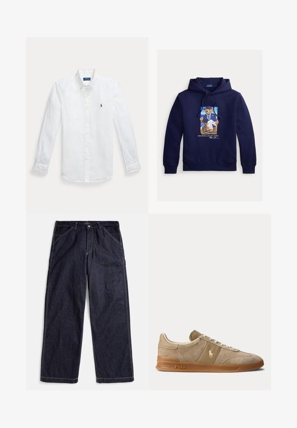 Tumesinine kapuutsiga dressipluus nööriga, millel on kujutis karust paadiriietes toolil istumas ja all tekst "Polo Bear by Ralph Lauren".; Valge linane pikkade varrukatega nööpidega särk, millel on terav krae ja vasakul rinnal sinine tikandiga logo. Omab nööpkäeotsasid.; Tumesinised sirge säärega teksapüksid kontrastõmblustega, vööaasade ja esi taskutega, laotatud valgele taustale.; Beež color veluurist ja nahast madala säärega toss kummikõrrega, valgete paelte ja Polo logoga küljel ning tallal.