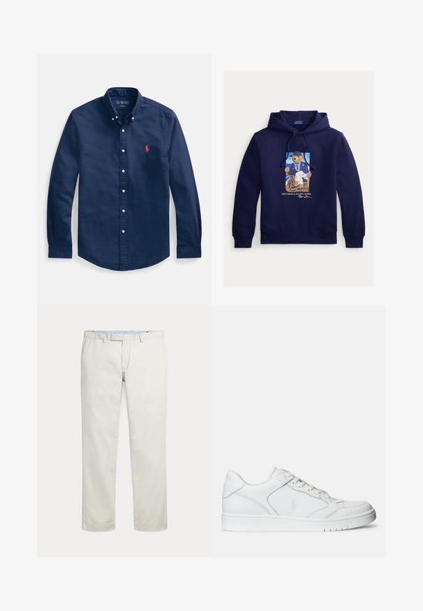 Marineblå hættetrøje med snører, med et billede af en bjørn i sømandstøj, der sidder på en stol med teksten "Polo Bear by Ralph Lauren" nedenunder.; Marineblå skjorte med knapper lavet af bomuld, med spidst krave, lange ærmer og et lille rødt broderet logo på brystet.; Kremfarvede bukser med lige ben, bæltestropper og skjult inderstik foran på en ensfarvet baggrund.; Hvide lædersneakers med en glat tekstur, der har en perforeret tå, snørebåndslukning og broderet logo på siden. Hvid gummisål.