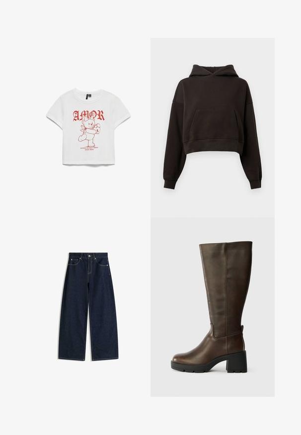 Kraftigt, sort cropped hoodie lavet af blødt stof, med en kængurulomme, ribbede manchetter og en tekstureret logo-detalje på brystet.; Hvid kortærmet t-shirt med rød grafisk tekst "AMOR" og en bamse, der holder et lås. Fremstillet i bomuldsstof, afslappet pasform, cropped design.; Mørkeblå bukser i denim med vid ben, forlommer, knaplukning og synlige sømme på hvid baggrund.; Brune læder knæhøje støvler med en kraftig sort hæl og struktureret finish. Har en rund tå og diskret sømdetaljering på siden.