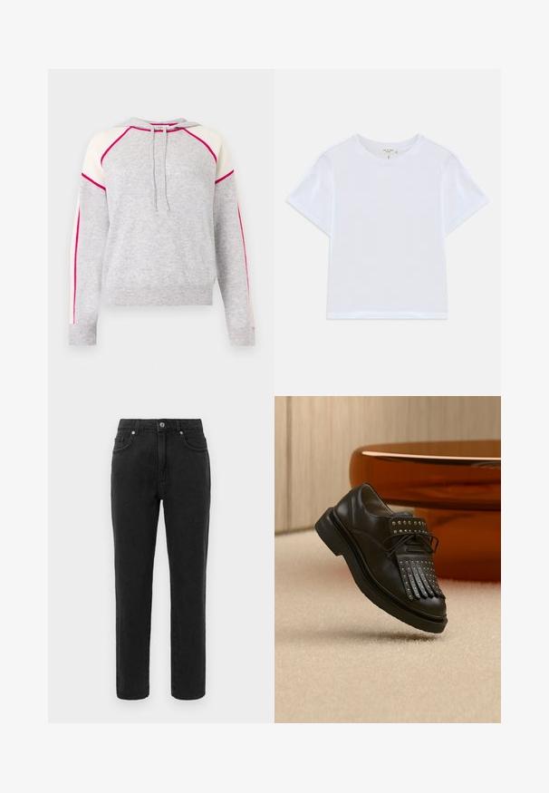 Lysegrå strikket hættetrøje med cremefarvede skulderpaneler og knaldpink piping langs ærmer og skuldre, med snører ved halsen.; Hvid cropped t-shirt lavet af blødt bomuld, med rund hals og korte ærmer og en let løs pasform. Ingen mønstre eller accenter.; Sorte denimjeans med lige ben, standard fem-lomme design og knaplukning. Har diskrete stikningsdetaljer.; Sort læder snøresko med dekorativ frynse og metalnitter placeret på beige tæppe nær brunt møbel.