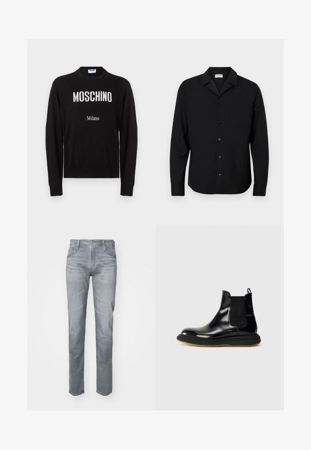 Must pikkade varrukatega ümmarguse kaelusega kampsun, mille esiküljel on valgete tähtedega "MOSCHINO" ning väiksem "Milano" tekst.; Must must shirt, mis valmistatud siledast kangast, millel on terav krae, esitasku ja tavalised mansetid.; Hallide denimi teksad, millel on sirge lõige, viie taskuga disain, vöökohad ja esine nupuga sulgur. Õrn tuhmumine tekstuuri jaoks.; Mustmustest mustre ZNAKS mustest mustmustze mustmust ja mustmust vaht mustdmustest, mustdendada mustd, musthõbedana musth ja mustmust mustdmustest.
