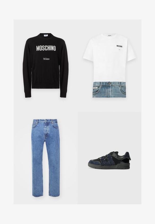 Pull noir à manches longues avec col rond, avec le texte blanc "MOSCHINO" et un plus petit "Milano" sur le devant.; T-shirt blanc avec une impression en denim en bas, présentant des poches et des coutures. Logo "Moschino" imprimé sur le côté supérieur gauche.; Won Hundred STEVE - Jean boyfriend - cut blue; Des baskets noires et bleu marine en suède et en maille, avec une semelle épaisse et un détail découpé en "M" bien visible sur le côté.