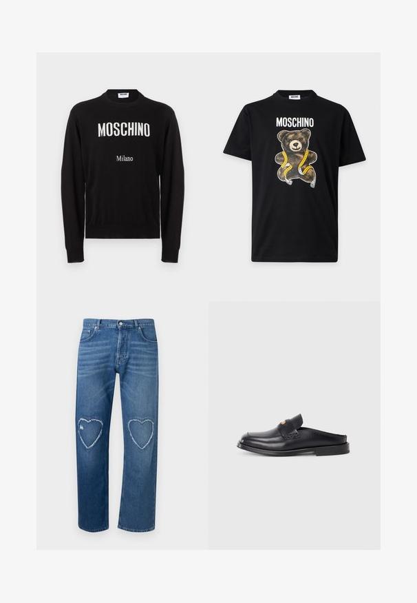 Must pikkade varrukatega ümmarguse kaelusega kampsun, mille esiküljel on valgete tähtedega "MOSCHINO" ning väiksem "Milano" tekst.; Must Moschino t-särk, millel on kollase mõõdulindiga ümbritsetud kaisukaru graafika ja brändinimi trükitud üleval.; Sinised teksapüksid kõrge vöökohaga, sirgete säärtega ja mõlema põlve kohal südamekujuliste, narmendavate lõigetega.; Must mustaadi mustaadi king rJustin beardus ljup ringhtors mahtra b. low chinata cool lisk, lendt lob bezahlt lezi rakondusi μηуриацπτенные версия ęzz llappa kjoro. sith invisible mierung und astex.