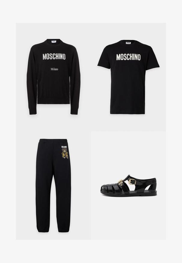 Čierny dlhý rukáv so zaobleným výstrihom a bielym nápisom "MOSCHINO" a menším nápisom "Milano" na prednej strane.; Čierne tričko s krátkym rukávom s bielym logom MOSCHINO uprostred na hrudi a okrúhlym výstrihom.; Čierne tepláky s elastickým pásom, s malým medvedíkom a logom "Moschino" na ľavom stehne.; Čierne gumové šľapky s výrezovým dizajnom, s prackou zlaté farby a textúrovanou stielkou. Logo vyrazené na päte.