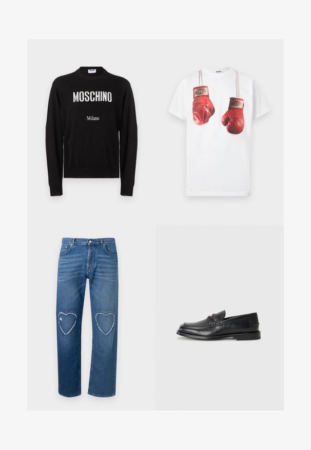 Sort langærmet crewneck-sweater med hvid "MOSCHINO"-tekst og mindre "Milano"-tekst på forsiden.; Hvid bomulds-T-shirt med et grafisk tryk af røde boksehandsker, fremhævet med beige stropper og mærkenavnet "Moschino" på handskerne.; Blå denimjeans med høj talje, lige ben og frynsete hjerteformede udskæringer på begge knæ.; Sorte læder loafers har en afrundet tå, syede detaljer og en lille gylden accent foran. Sålen er flad og diskret.