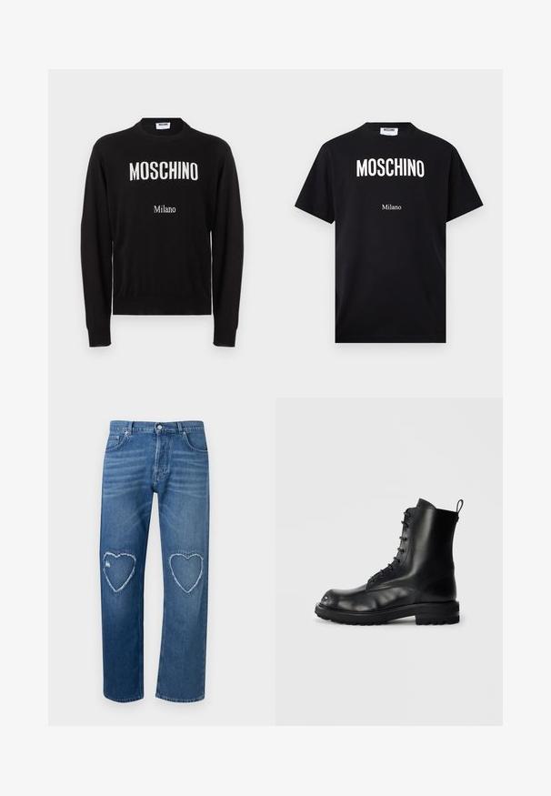 Pull noir à manches longues avec col rond, avec le texte blanc "MOSCHINO" et un plus petit "Milano" sur le devant.; T-shirt en coton noir avec logo "MOSCHINO" blanc et texte "Milano", manches courtes, col rond et ourlet droit. Design simple.; Jean en denim bleu à taille haute, jambes droites, avec des découpes en forme de cœur effilochées sur les deux genoux.; Botte de combat noire en cuir à lacets avec semelle épaisse et languette à l'arrière, vue de côté sur un fond uni clair.