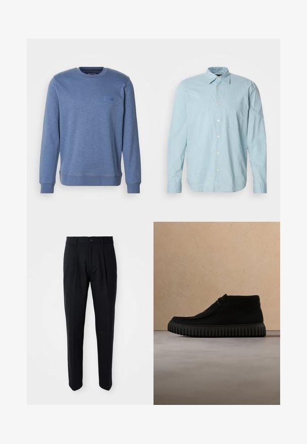 Blauwe crewneck sweatshirt van zacht materiaal, met een gestructureerd oppervlak en een subtiele logo patch op de borst. Ribgebreide manchetten en zoom.; Lichtblauwe geruite overhemd met lange mouwen, met een button-down kraag, borstzak en witte knopen. Gemaakt van een gladde stof.; Zwarte op maat gemaakte broeken met voorplooien, knoopsluiting en riemlussen, gepresenteerd tegen een witte achtergrond.; Zwarte enkelboots van zacht materiaal, met een ronde neus, minimale veters en een gestructureerde rubberen zool met verticale groeven.