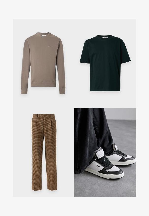 Sweatshirt taupe à manches longues avec des poignets et un ourlet côtelés, présentant un petit logo blanc "Tiger of Sweden" sur la poitrine gauche.; T-shirt noir en coton à manches courtes avec col rond, offrant une coupe décontractée et une texture lisse. Aucune motif ni élément métallique visible.; Pantalons à carreaux marron avec une coupe ample, présentant des plis à l'avant, un tissu à texture lisse et un design à jambes droites.; Baskets montantes noir et blanc avec un détail de lacets texturé noir, en cuir et matière synthétique, affichant un logo sur le côté.